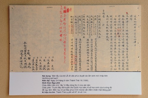 Theo các chuyên gia, bộ tư liệu quý này có nhiều triển vọng để xin được công nhận danh hiệu Di sản tư liệu thế giới của UNESCO. Trong hình là bản tấu của bộ Lễ về việc phúc duyệt các ấm sinh mới nhập tỉnh Hà Đông sát hạch, ngày 24/9 năm Thành Thái 18 (1906).